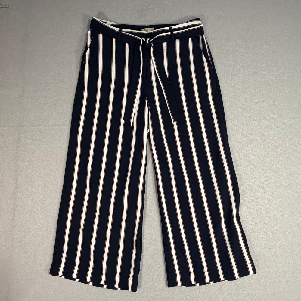 LOFT Womens Striped Tie Waist Wide Leg Crop Pants 10 Navy White Coastal Nautical